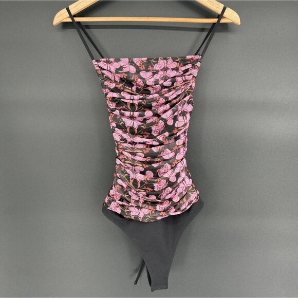 Free People Tops - Free People Womens Ruched Butterfly Print Bodysuit XS Black Pink Going Out Top